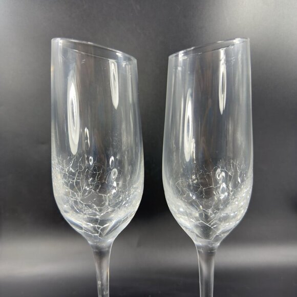 Pier 1 Clear Glass Crackle Angled Rim Goblet Drinking Glasses Cups Flutes Set  2 - Picture 6 of 11